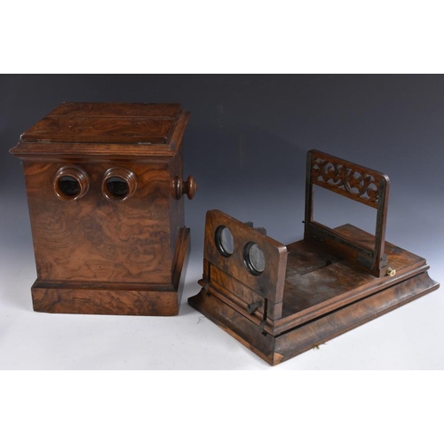 3984 - A Victorian burr walnut table-top stereoscopic viewer, hinged top enclosing a carousel mechanism, tu... 