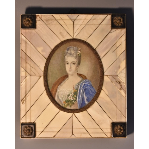 4021 - French School, a portrait miniature, of a lady of title, half-length, with flowers at her bossom, wa... 