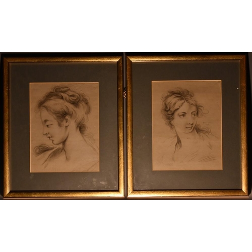 4022 - English School (18th century) A pair, Portraits of Young Ladies pencil and charcoal drawings, 21.5cm... 