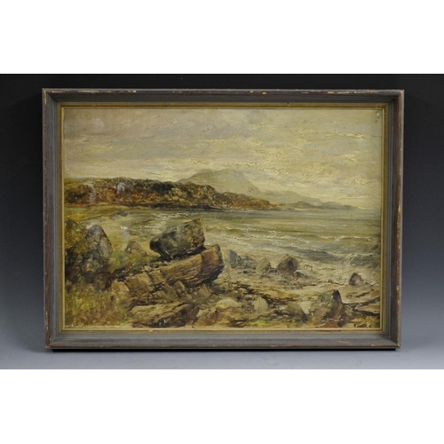 3329 - Scottish school Stormy Seas on a Highland Shore oil on canvas, 36cm x 51cm