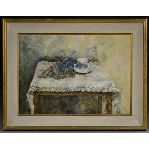 3335 - Susan McCarthy (contemporary) Fine China and Lace signed, dated, oil on board, 45cm x 63cm