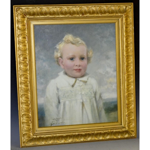 3336 - Thomas Eyre Macklin (1867 - 1943) Portrait of a Child signed, inscribed, oil on board, 39cm x 31cm