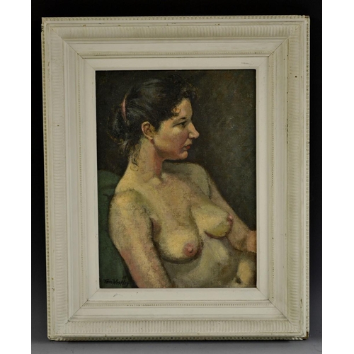 3337 - Tom Westley (mid-20th century) Female Nude signed, dated 53, oil on hardboard, 39cm x 28.5cm