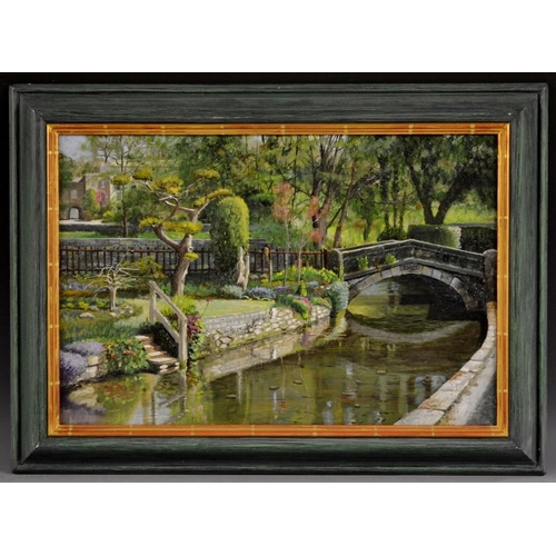 3339 - Trevor Neal (Bn.1947) Bridge and Garden, Bakewell signed with monogram and dated 2009, oil on canvas... 