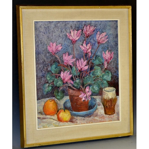 3347 - Vlasta Lichtagova-Kadlecova (1921 - 2013) Cyclamen and Apples signed, oil on board, 48cm x 40cm