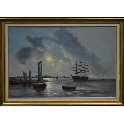 3351 - J. Stewart Sunset Over The Bay, Ships signed, oil on canvas