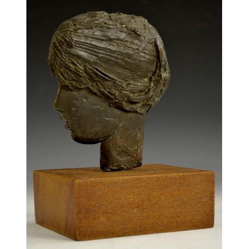 3361 - British School (20th century), a dark patinated bronze, head of a young girl in prifilr, 16cm high, ... 