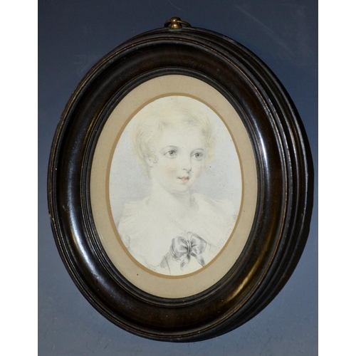 3362 - English School (19th century), a portrait miniature, of a young girl, her dress tied with a ribbon, ... 