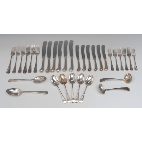 43 - A Victorian silver Old English pattern part table service, comprising six table forks, two table spo... 