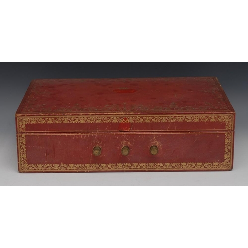 90 - A Victorian tooled and gilt crimson morocco leather document box, hinged cover centred by an Earl's ... 