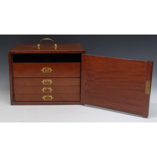 92 - An Edwardian mahogany jewel collector's cabinet, flush top with brass swan neck carrying handle, abo... 