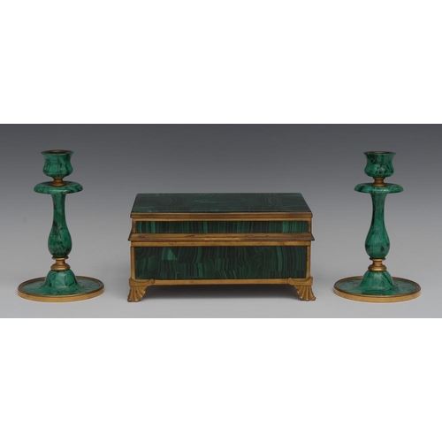 93 - An Empire style malachite rectangular cigar box, hinged cover scalloped bracket feet, 21cm wide; a p... 