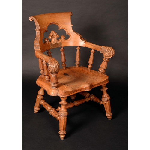 1564 - Nottingham History - a substantial Victorian oak armchair, scroll back pierced with a Gothic reserve... 