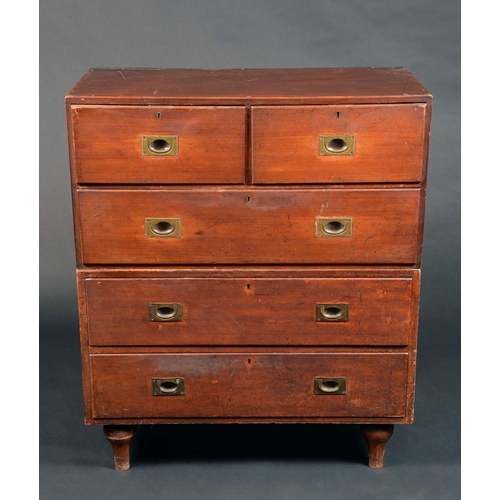 1571 - A 19th century Campaign mahogany chest, flushed top above two short and three long graduated drawers... 