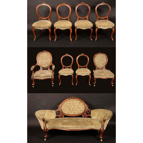 1572 - A Victorian walnut harlequin nine-piece salon suite, comprising a sofa, lady's and gentleman's chair... 