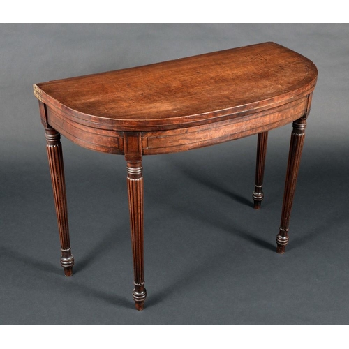 1578 - A George III mahogany D-shaped card table, folding crossbanded top enclosing an inset baize-lined pl... 