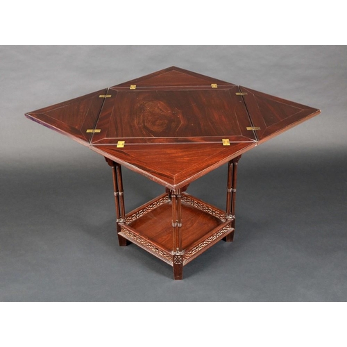 1580 - A Chippendale Revival square envelope mahogany card table, folding top, cluster column supports, rec... 