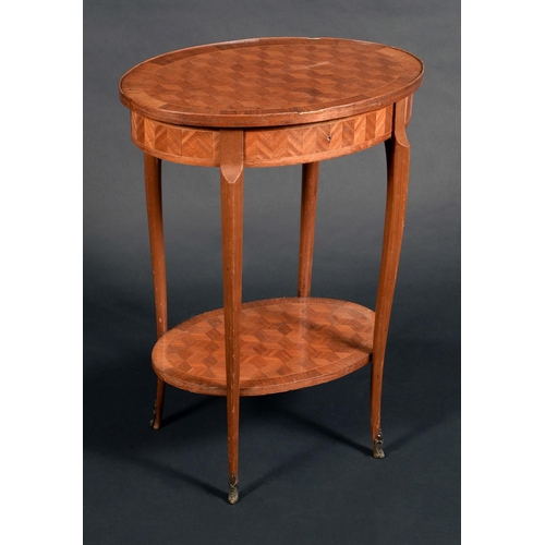 1592 - A French Transitional style rosewood and parquetry oval occasional table, oversailing top above a fr... 