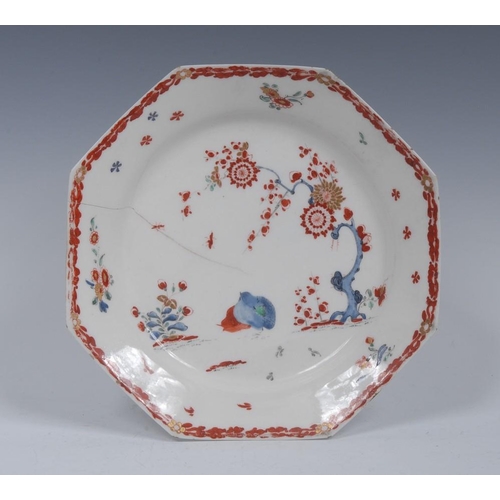 61 - A Bow Two Quail pattern octagonal plate, painted in the Kakiemon palette with the two birds, chrysan... 