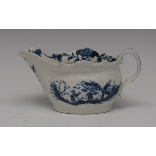 72 - A Worcester Two Porters pattern cream boat, decorated in underglaze blue with figures and foliage wi... 