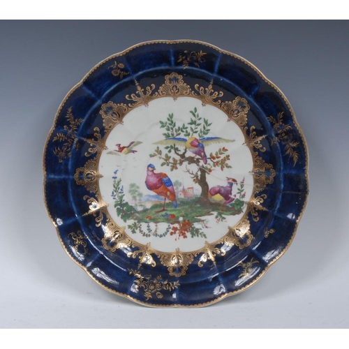 76 - A Worcester shaped circular plate, the centre painted with with exotic birds, standing and in flight... 