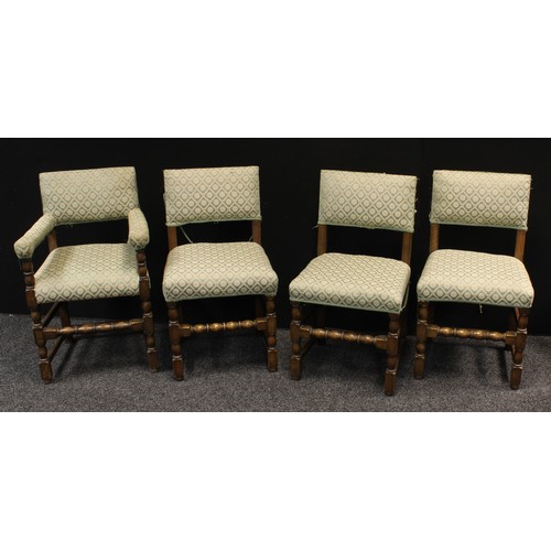 143 - A set of four mahogany dining chairs, stuffed over upholstery, H-stretchers; another set of four oak... 