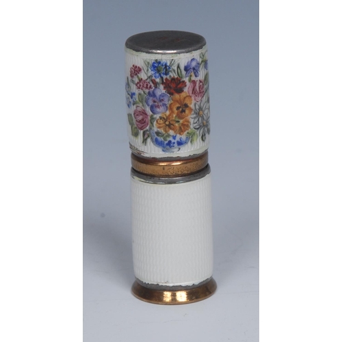 1797 - An Art Deco silver-gilt and enamel lipstick holder, decorated in polychrome with flowers on an opaqu... 