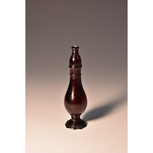 1798 - An early 19th century cherry amber slender baluster snuff or scent bottle, screw-fitting cover, shap... 