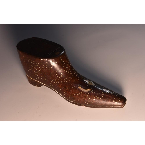 1817 - An early Victorian mahogany novelty snuff box, as a shoe, inlaid with mother-of-pearl marquetry and ... 