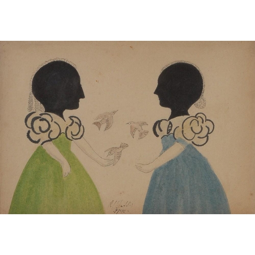 1821 - English School (late 18th century), an unusual double-portrait silhouette, of two ladies, three-quar... 