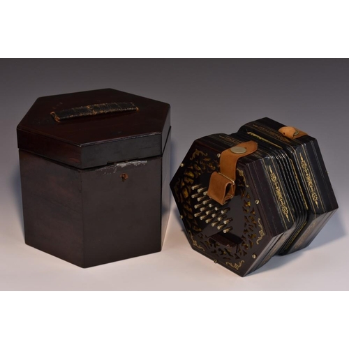 1832 - A 19th century rosewood and brass marquetry concertina, forty-eight nickel-plated keys, the hexagona... 