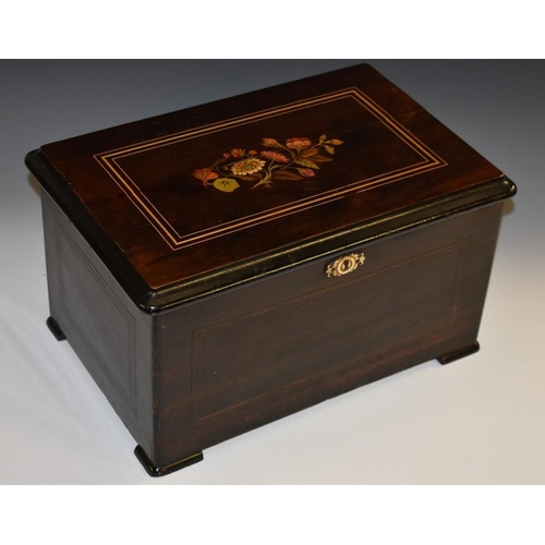 1833 - A 19th century rosewood, marquetry and scumbled rounded rectangular music box, 15.5cm barrel playing... 