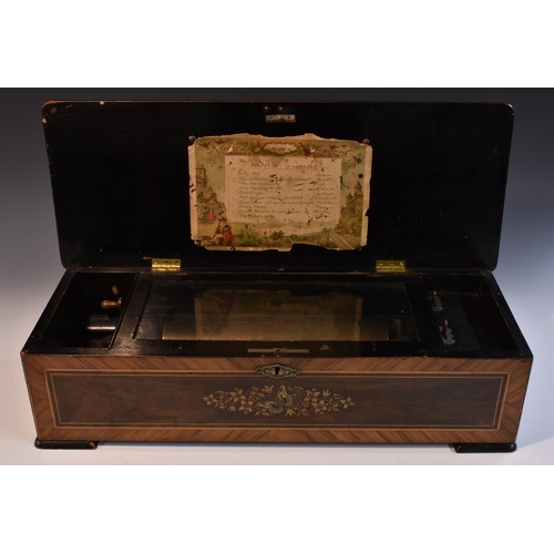 1834 - A 19th century Swiss rosewood, marquetry and parquetry rounded rectangular musical box, Mandolin Tré... 