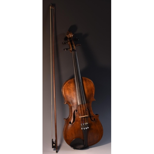 1835 - A 19th century violin, one-piece back 36.2cm long to top of button, outlined throughout with purflin... 