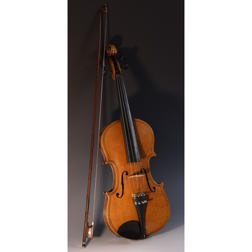 1838 - A violin, the two-piece back 35.75cm excluding button, ebony tuning pegs, outlined with double-purfl... 