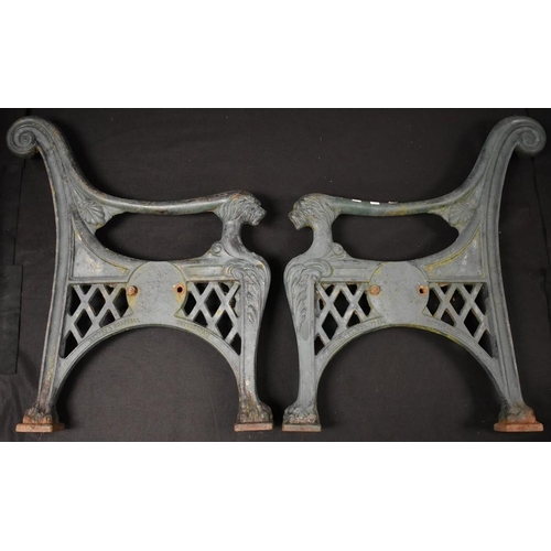 1863 - A pair of victorian cast iron scroll-back garden bench ends, by Henton & Chattell of Nottingham, cas... 