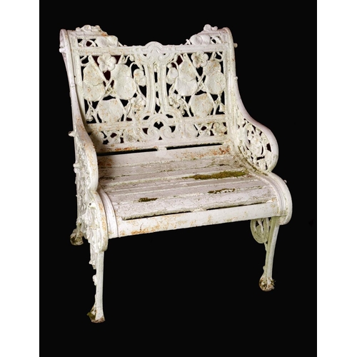 1865 - A Victorian Coalbrookdale Nasturtium pattern garden chair, scroll arms, slatted seat, 67cm wide, c.1... 