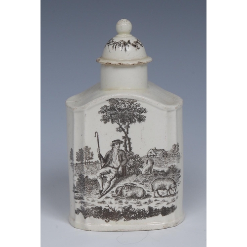 20 - An 18th century Wedgwood creamware domed tea caddy and cover, transfer printed in black with the Tea... 