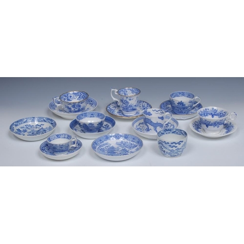 49 - A Spode bute shaped Temple pattern teacup and saucer, transfer printed in tones of blue with pagodas... 