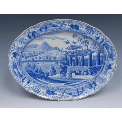 52 - A Spode Caramanian Series oval meat plate, transfer printed in tones of blue with City of Corinth,  ... 