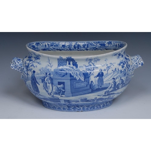 60 - A Spode Colossal Sarcophagus at Cacamo pattern ovoid tureen, open mouth mask handles, printed in ton... 