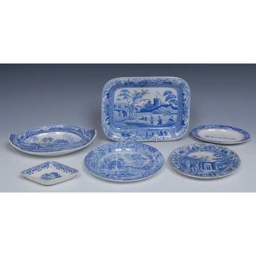 73 - A Spode rounded rectangular pattern dish, transfer printed in tones of blue with castle and figures,... 