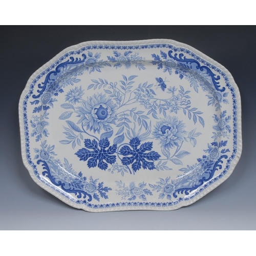 74 - A Spode Sunflower pattern shaped oval meat plate, transfer printed in tones of blue with flowers and... 