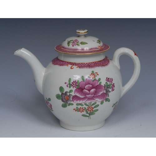 88 - An English porcelain globular teapot and cover, painted with stylised flowers,  within  pink cross h... 