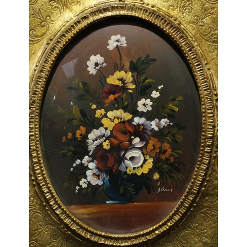 293 - A pair of still life paintings, flowers in vases, oil, indistinctly signed, each 23cm x 17.5cm (2)