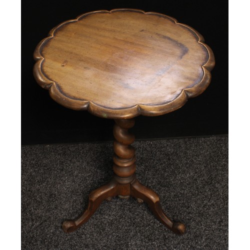 210 - A Victorian mahogany tripod wine table, shaped circular top, barley twist support, scroll legs, 69.5... 