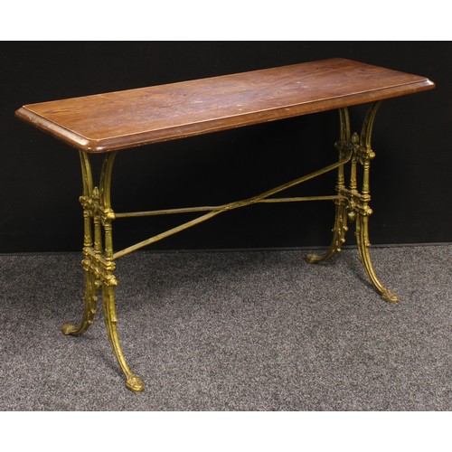 212 - A cast iron and oak 'abolitionist' pub table, rectangular top, 71.5cm high, 122cm wide, 46cm deep