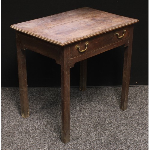 213 - An 18th century low boy, oversailing rectangular top above a frieze drawer, square legs, brass handl... 