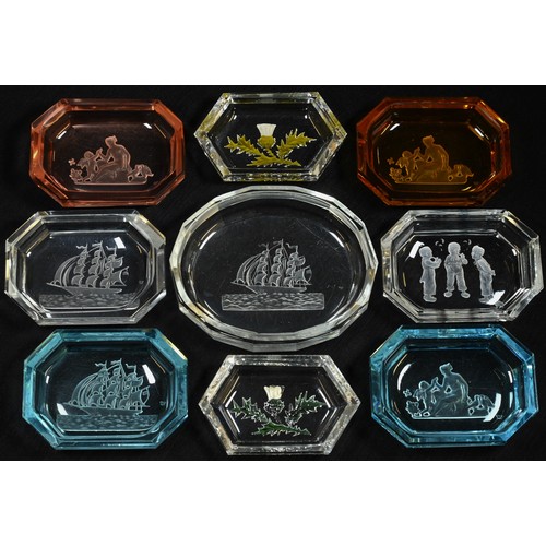 5289 - An early 20th century Hoffmann rose glass canted rectangular pin dish, the base with Venus and Cupid... 