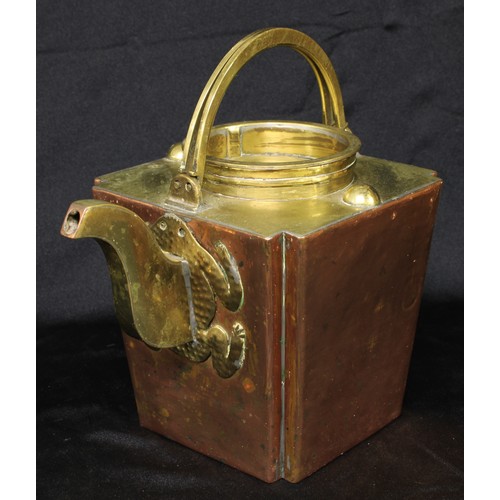 5275 - An Arts and Crafts copper and brass tapered square tea kettle, of Japanese inspiration, twin swan ne... 